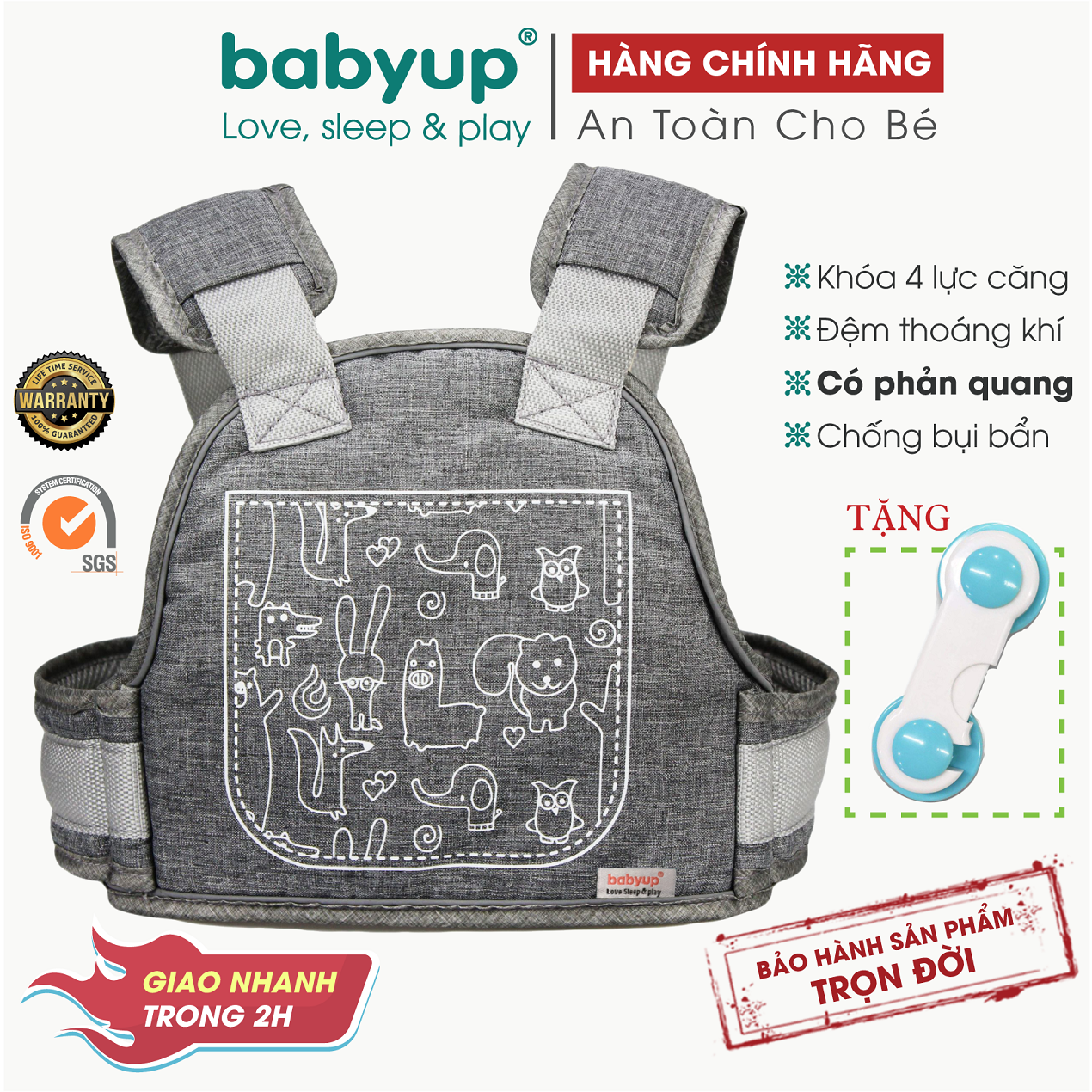 Đai đi xe máy cho bé Chính Hãng Babyup an toàn có phản quang (từ 1 đến 10 tuổi). Đai ngồi xe máy cho bé, giúp bé ngồi an toàn khi đi xe, có thể ngồi trước hoặc sau. Đai ngồi xe máy cho em bé cao cấp