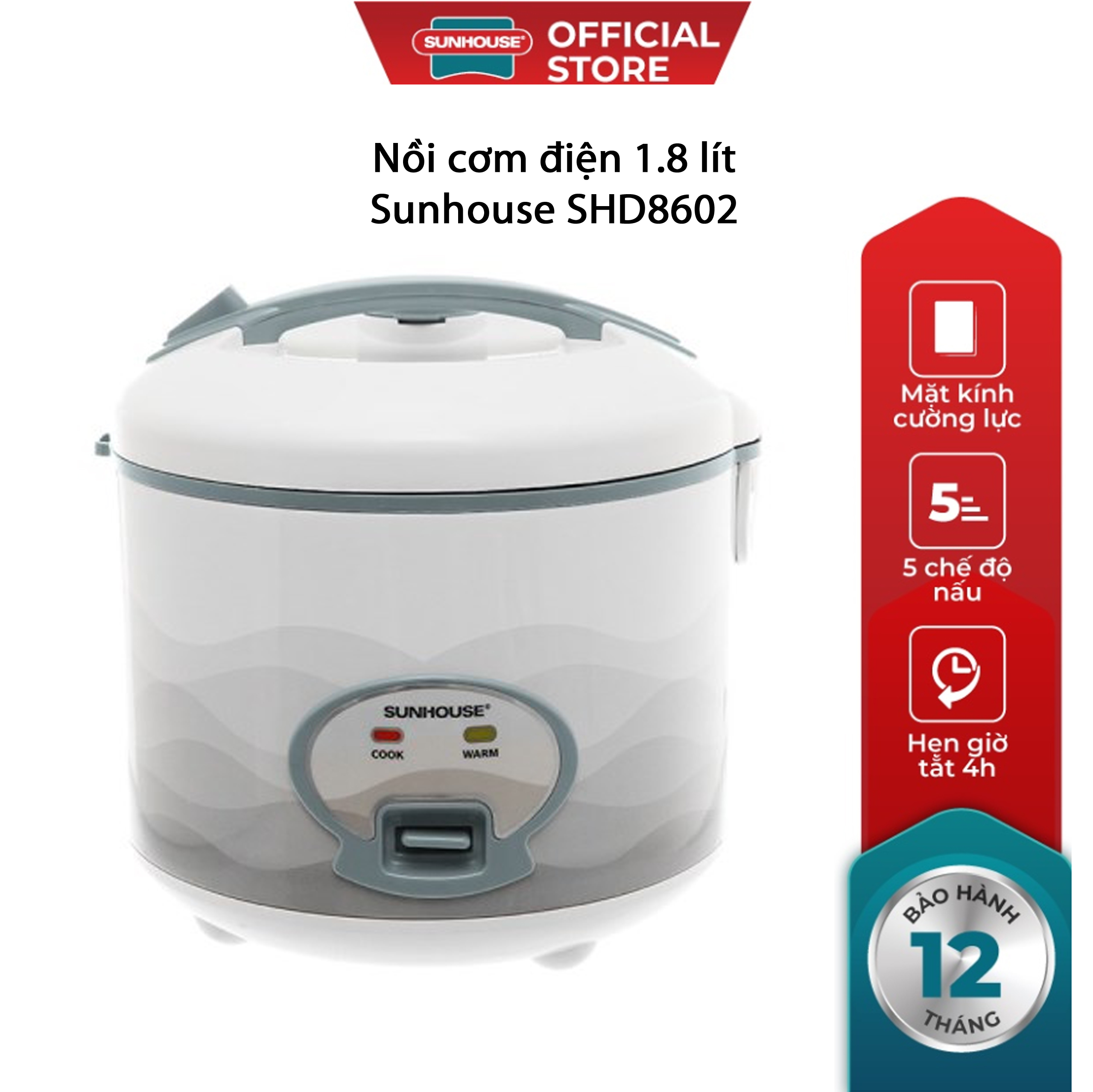 Nồi cơm điện 1.8 lít Chính Hãng Sunhouse SHD8602