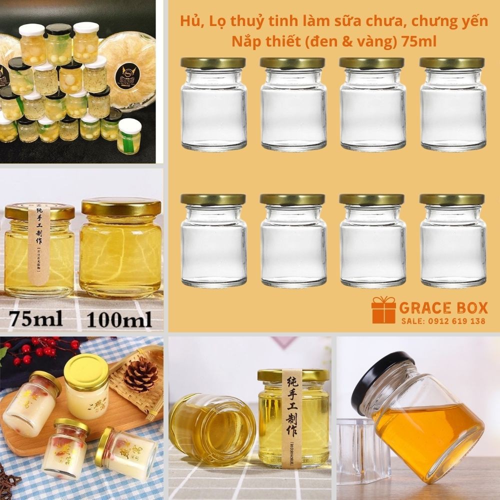 [HCM]{Giá Sỉ} Combo 10 Lọ Thuỷ Tinh Chưng Yến Làm Sữa Chua Nắp Thiếc 75ml - Bao Bì Grace Box
