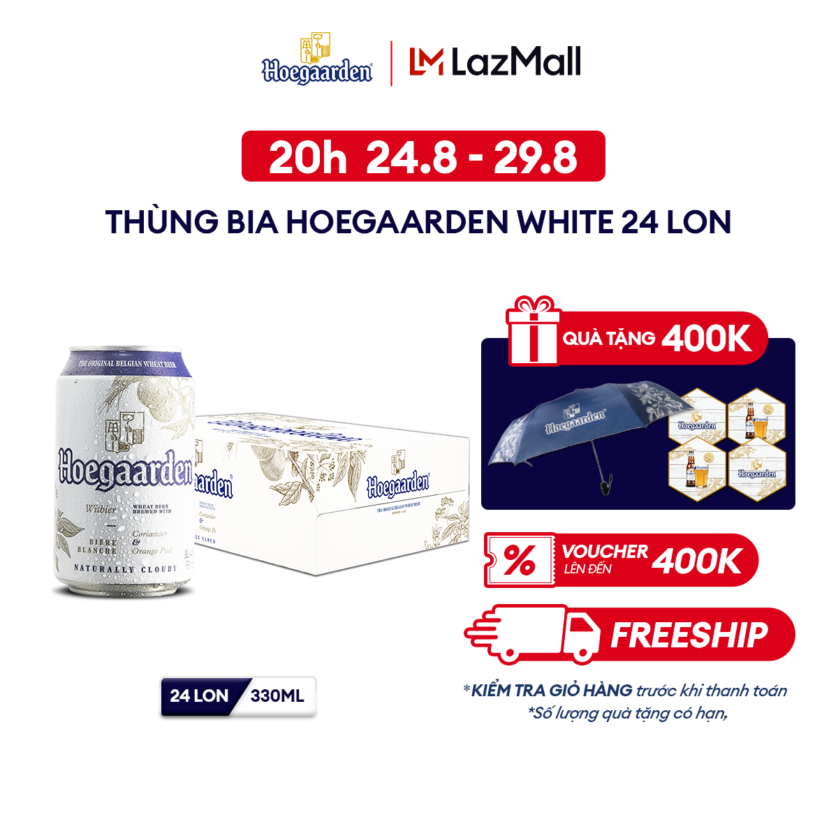 [20h 24.8 - 29.8 VC ĐẾN 100K+FS] Thùng 24 lon bia Hoegaarden White (330ml/lon) [Date 12/2024]