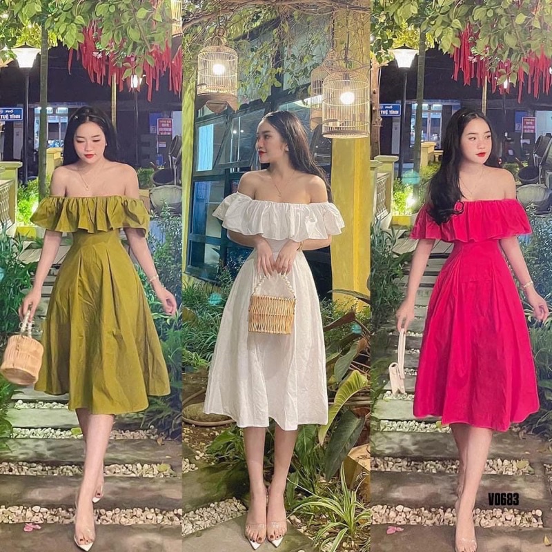 Đầm thô trễ vai bèo 3 màu siêu xinh có ảnh thật kèm video