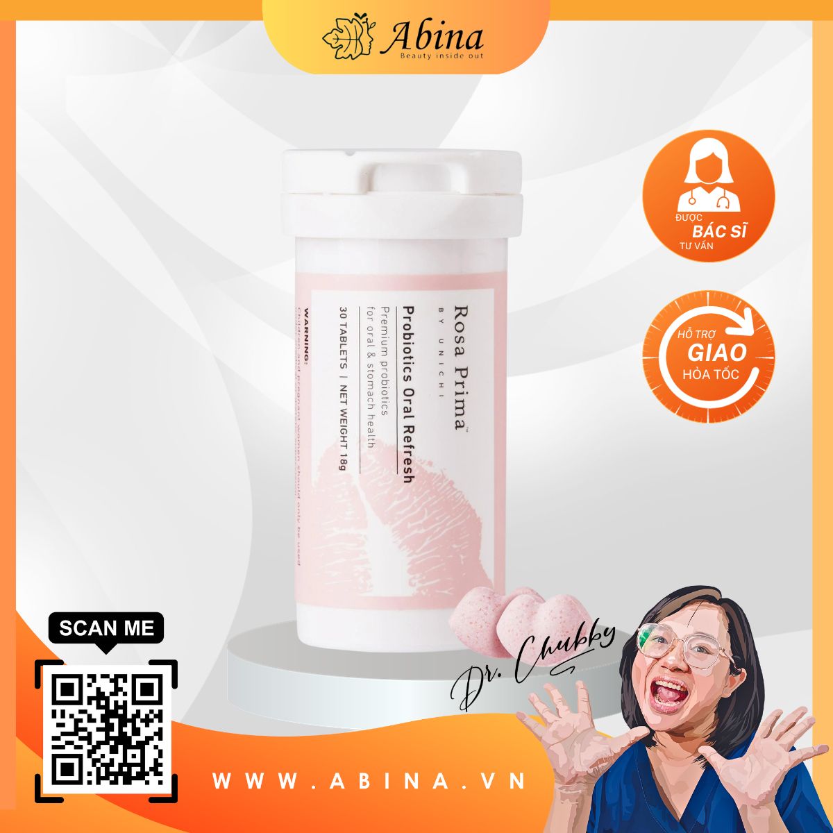 Men vi sinh thơm hương rosa - unichi rosa prima probiotics oral refresh - hộp 30 viên - dr chubby