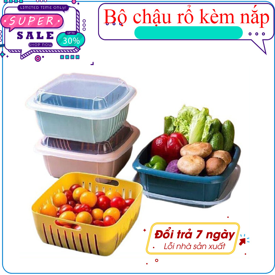Bộ rổ nhựa kèm chậu có nắp đậy, bộ rổ nhà bếp, rổ nhựa, chậu nhựa - Rổ nhựa - Rổ nhựa kèm chậu -Combo rổ 6 món rổ nhựa 3 rổ và 3 chậu ráo nước cao cấp tiện lợi - Chất liệu nhựa PP cao cấp