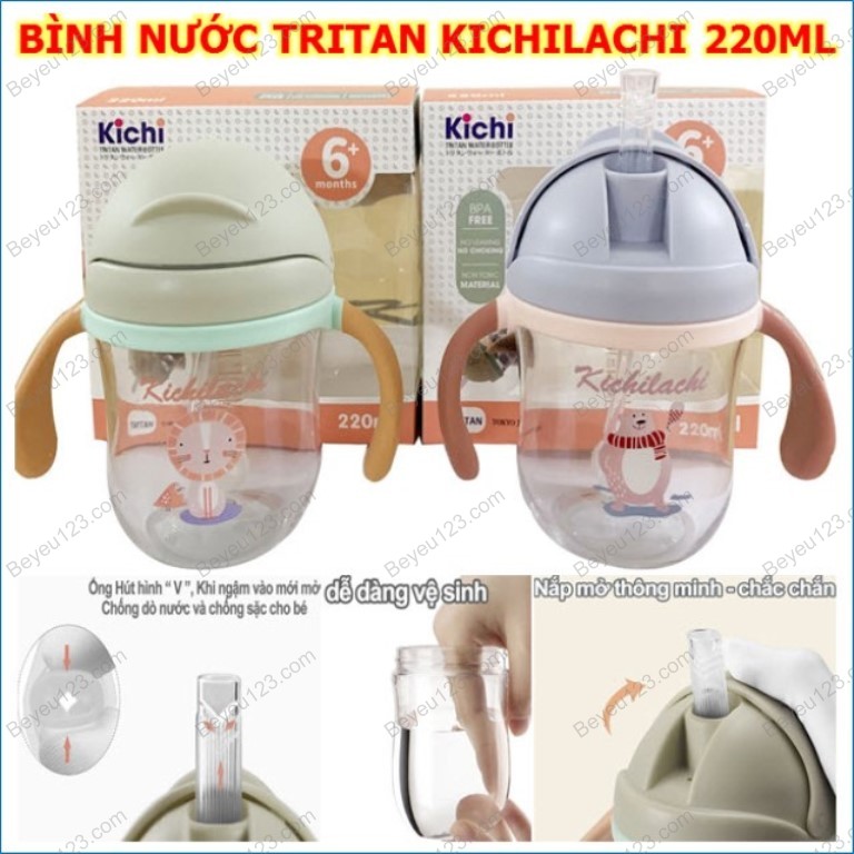 (RẺ VÔ ĐỊCH) Bình uống nước Tritan chống sặc, chống đổ có tay cầm 220ml KICHILACHI KICHI KC K1015