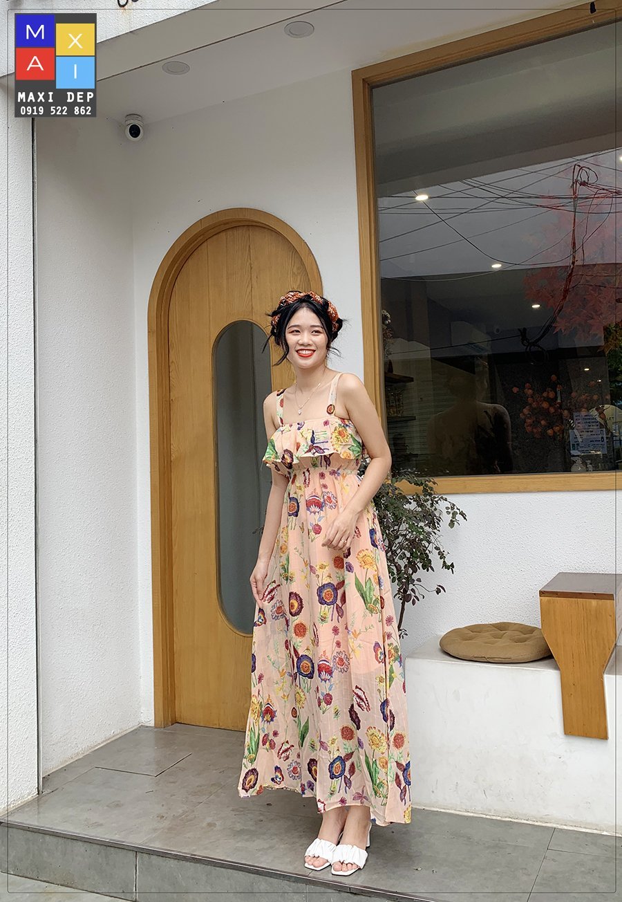 Váy maxi 2 dây nhún bèo hoa cam thướt tha full size by maxi đẹp