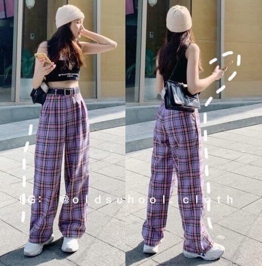 ( ẢNH THẬT) QUẦN ỐNG RỘNG KẺ CARO TÍM CẠP CAO DÁNG DÀI THỜI TRANG HÀN QUỐC, AMELIA