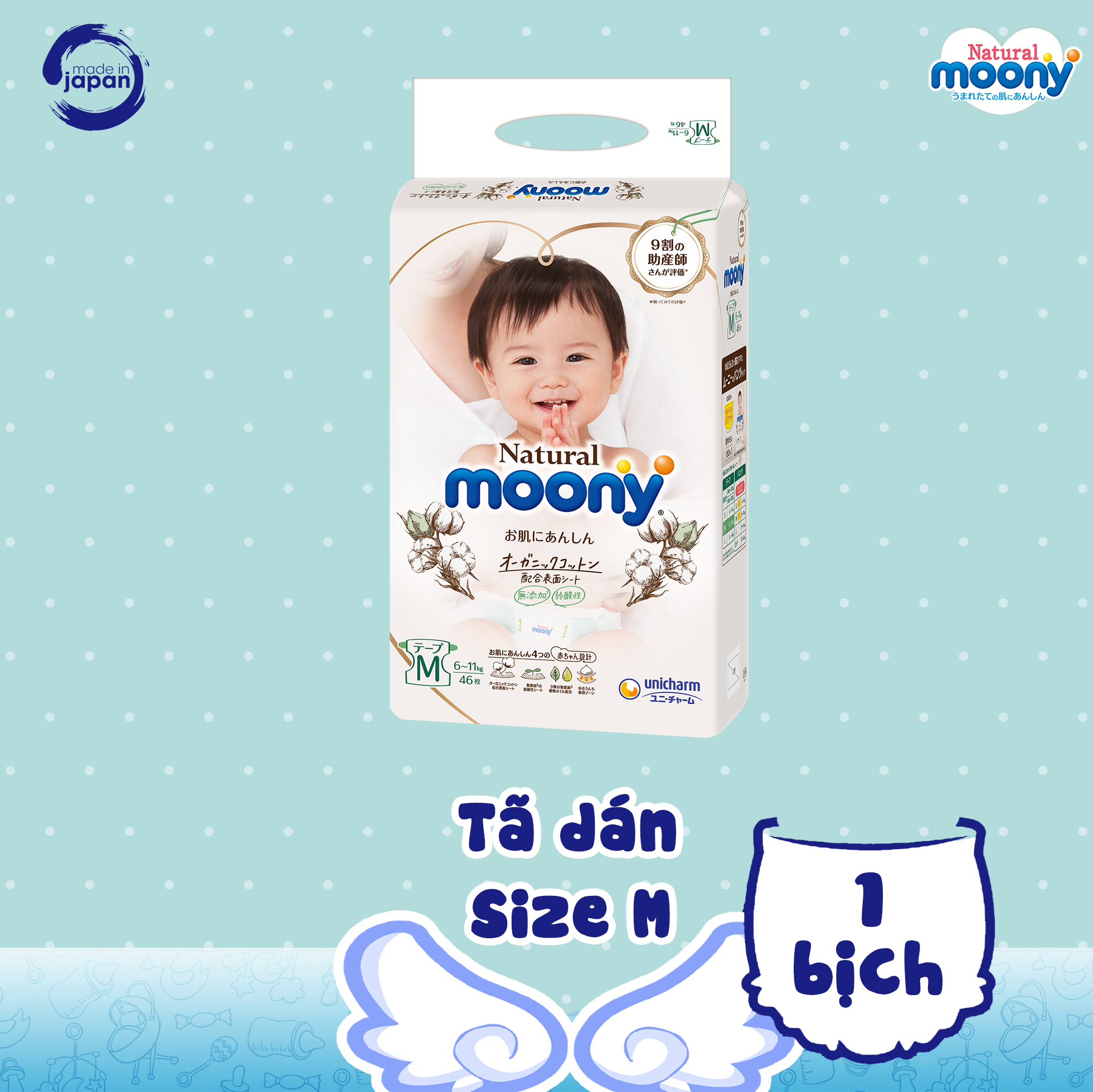 Bỉm Dán Moony Natural size M46 - Tã /Bỉm dán Moony Natural size M46 miếng Nội Địa Nhật Hàng Chính Hãng (cho bé 6-11kg )