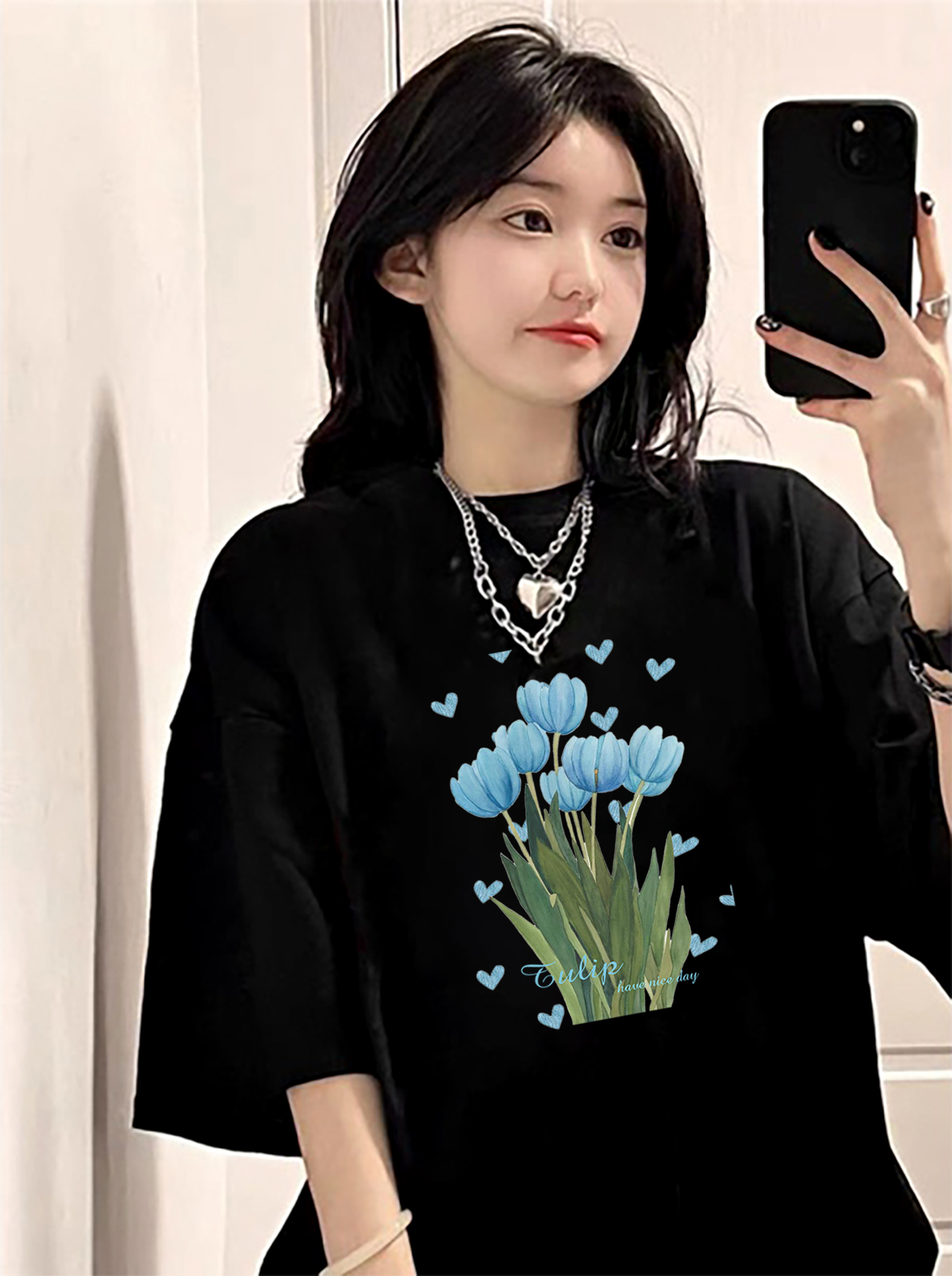 Áo thun unisex nữ, áo phông tay lỡ hoa tulip-2 siêu đẹp, chất thun cotton thoáng mát