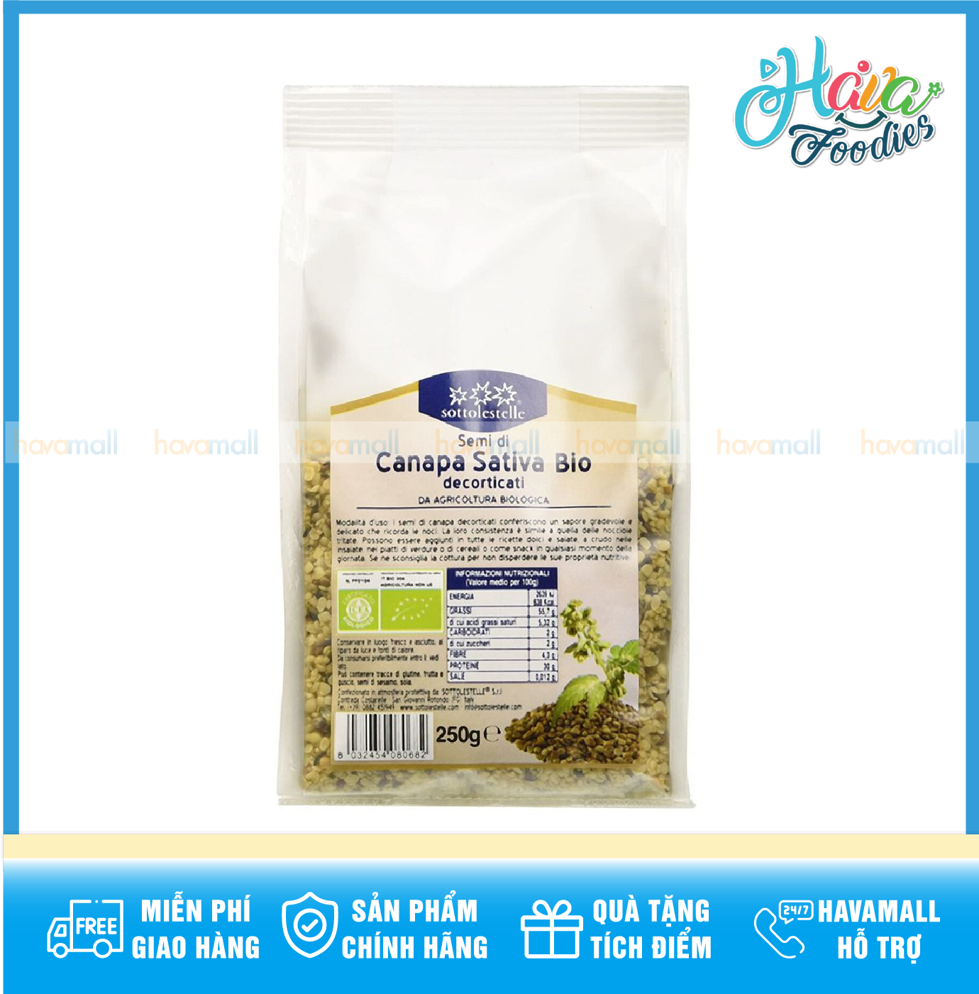 Hạt gai dầu tách vỏ hữu cơ sottolestelle 250g