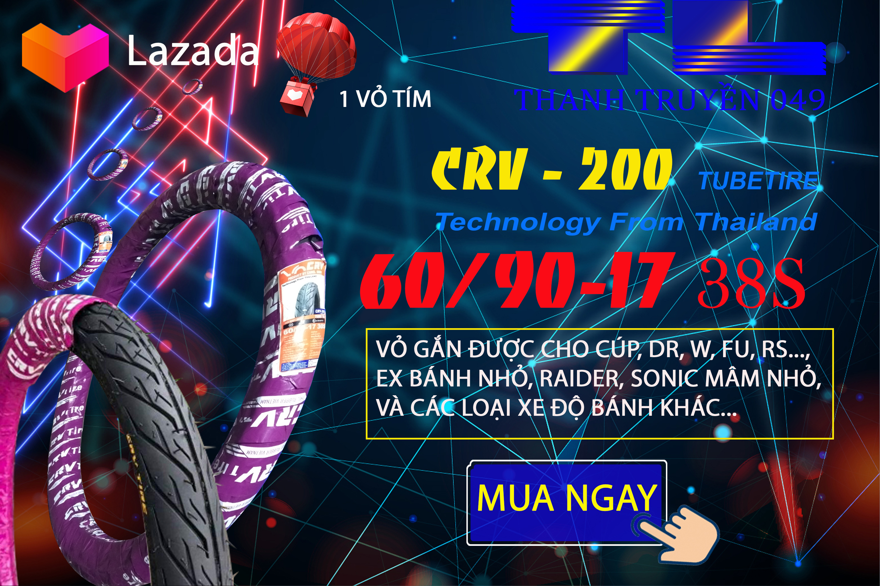 1 Vỏ xe 225-17(60/90-17) CRV technology thailan bao bì tím