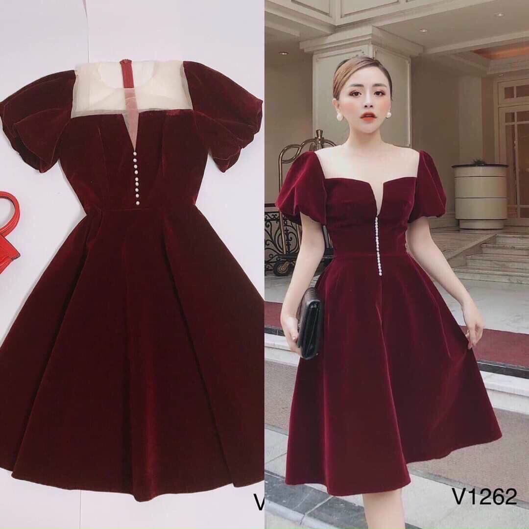 Đầm Nhung Phối Lưới Cao Cấp Phù Hợp Dự Tiệc, Công Sở ,Hẹn Hò