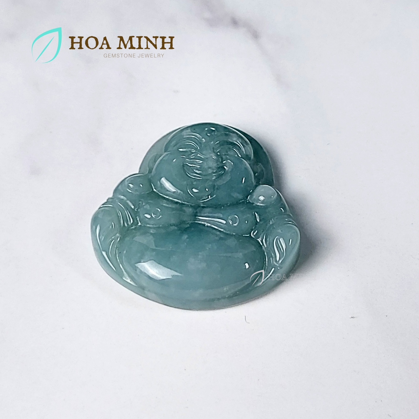 Mặt dây chuyền kiểu ngài Di Lặc đá cẩm thạch ngọc lam size 25x26mm phong thuỷ tài lộc, may mắn không kén mệnh | Hoa Minh Gem