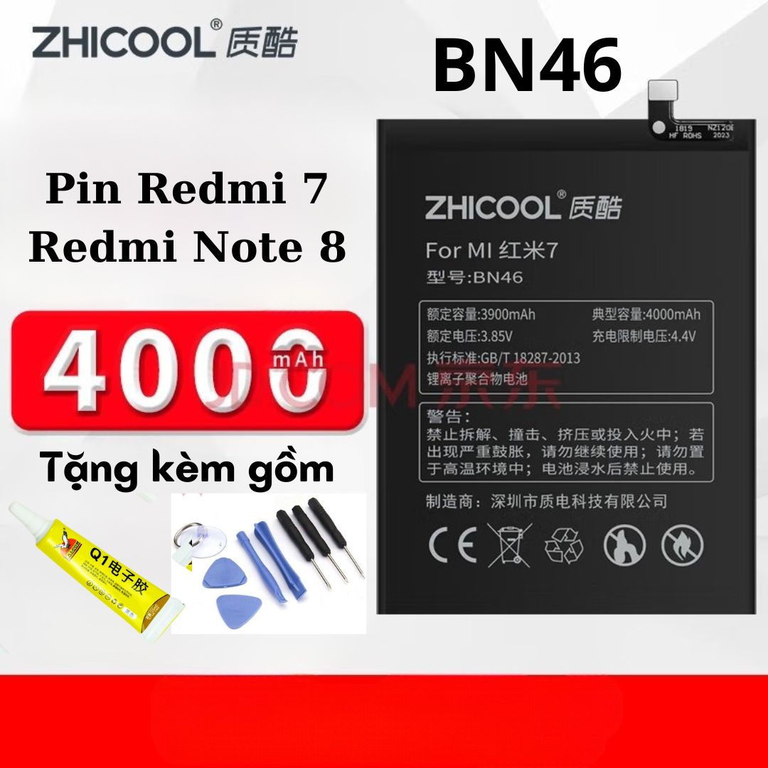 Pin bn46 redmi note 8/ redmi 7 zhicool dung lượng 4000mah, tặng kèm bộ mở máy và keo dán, bảo hành 3 tháng