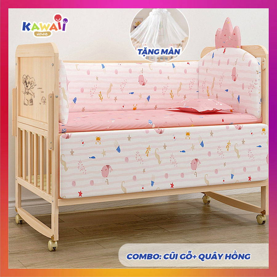 Nôi Cũi Cho Bé Trọn Bộ ( Kèm Quây, Đệm Và Màn ), Cũi Trẻ Em 2 Tầng Gỗ Thông NewZealand