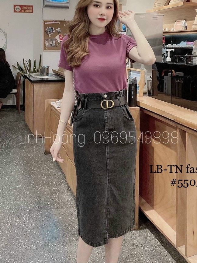 CHÂN VÁY BÒ DÀI CẠP CAO LƯNG THUN KÈM DÂY LƯNG