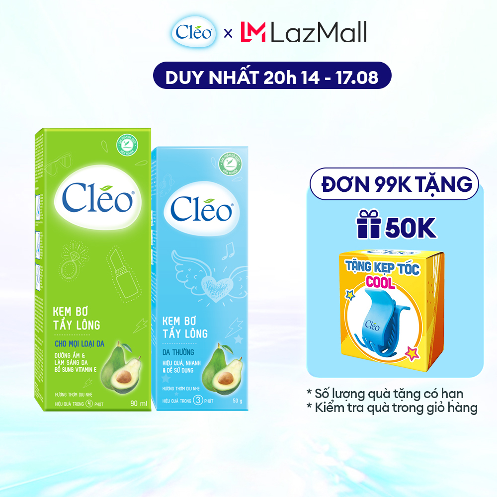 Combo tẩy lông nách Cléo cho da thường chiết xuất bơ 50g và tẩy lông chân tay Cléo an toàn trong 4 phút 90ml