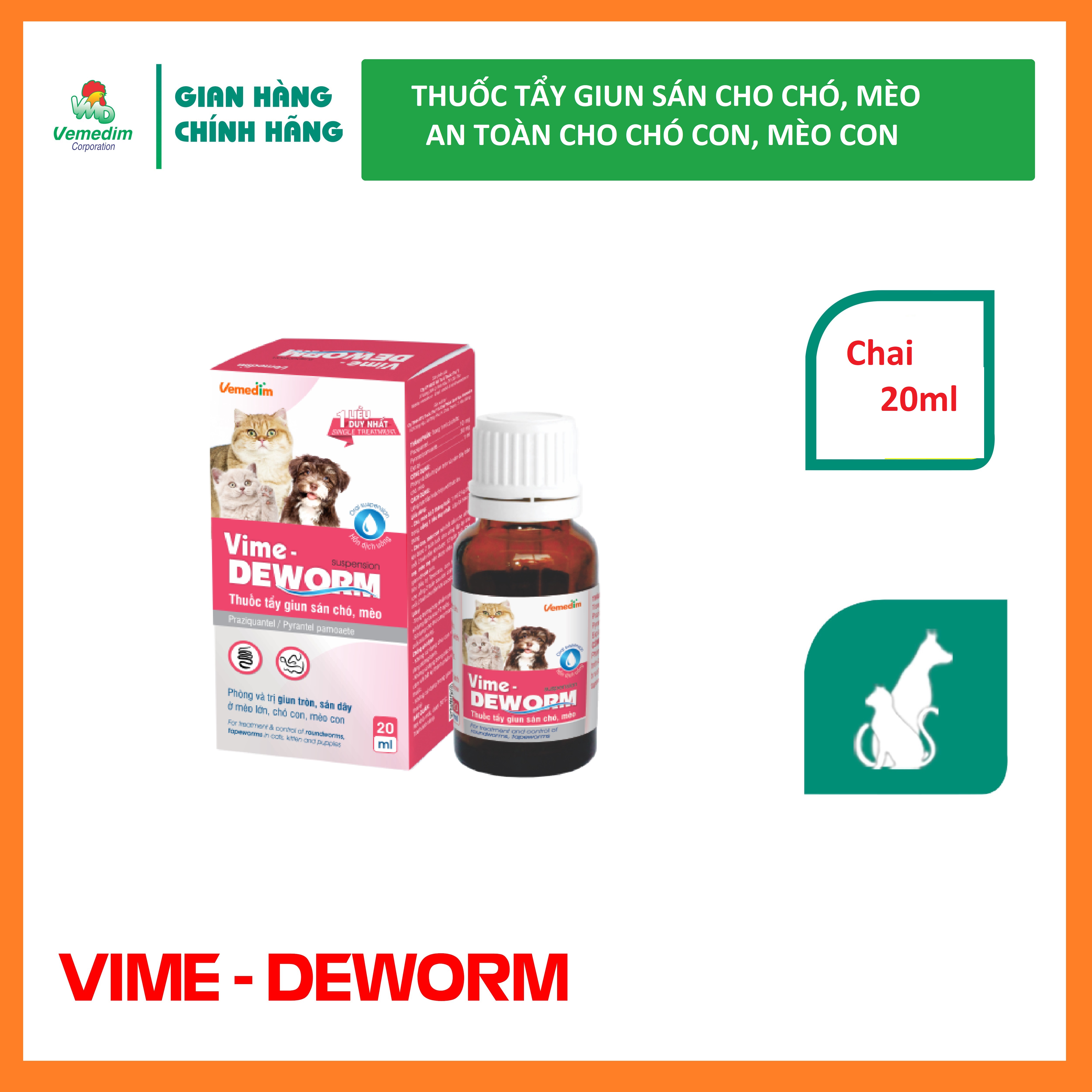  Vemedim Vime-Deworm nước uống tẩy giun sán cho chó mèo an toàn cho chó con và mèo con chai 20ml 