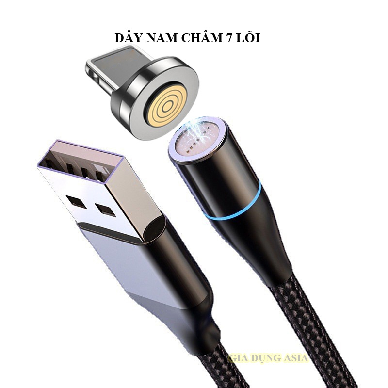 Cáp sạc nhanh nam châm 3 đầu xoay 360 độ có led micro/typeC/ip