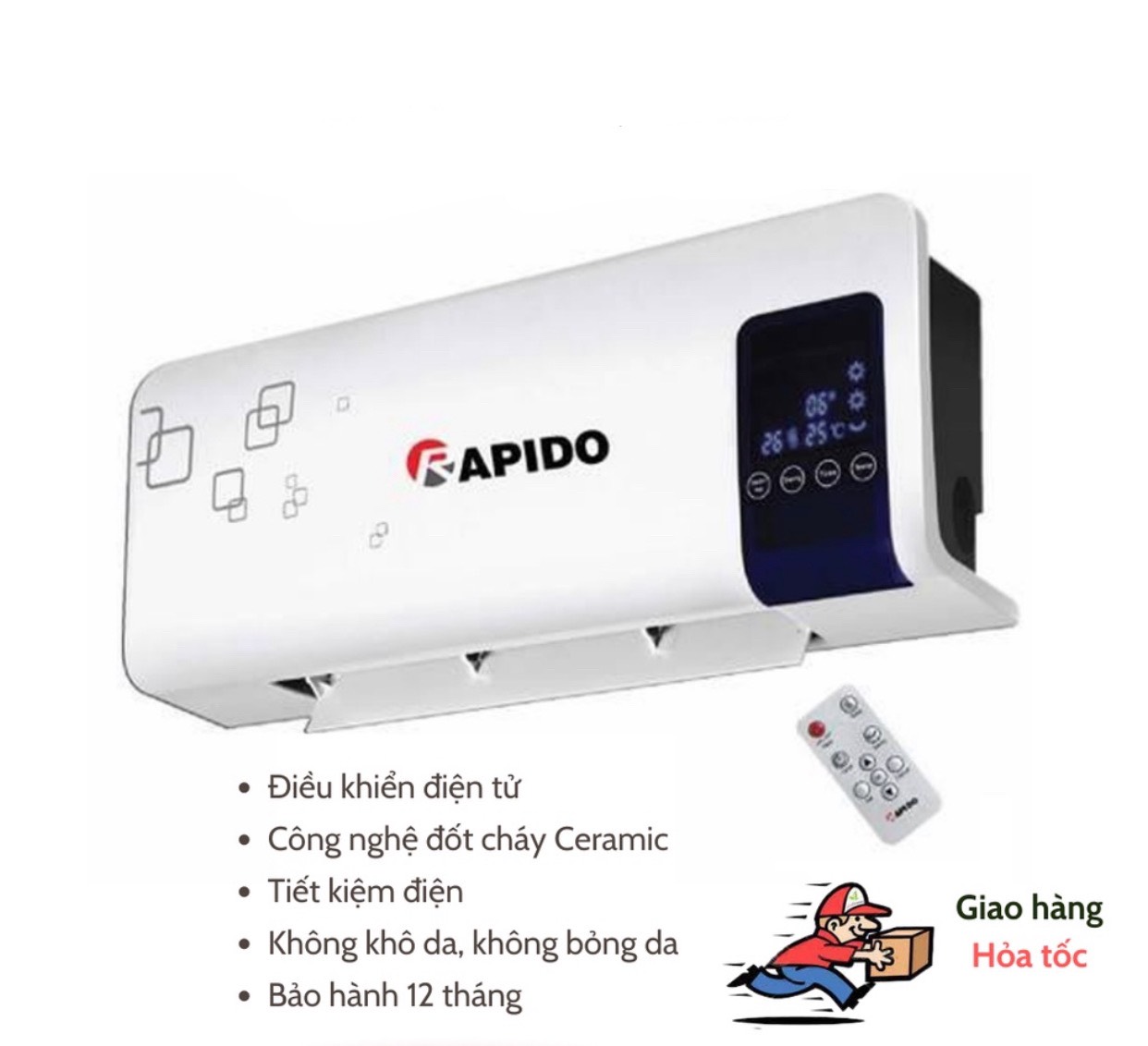 Máy sưởi gốm RAPIDO điện tử RCH2000-D có điều khiển điện tử làm ấm thông minh an toàn Tiêu chuẩn Châu Âu, Công nghệ đốt cháy Ceramic, Tiết kiệm điện năng, Không gây khô da, Không gây bỏng, cháy nổ, Bảo Hành 12 Tháng