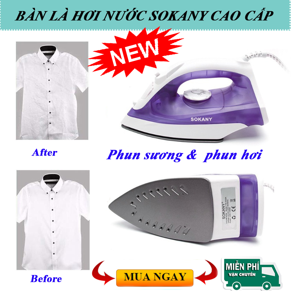 Bàn Là Hơi Nước Sokany Cao Cấp, Bàn Ủi Hơi Nước Sokany. Thiết kế nhỏ gọn, sang trọng, công suất lớn, hoạt động mạnh mẽ với 2 chế độ phun sương & phun hơi. BH 1 ĐỔI 1!