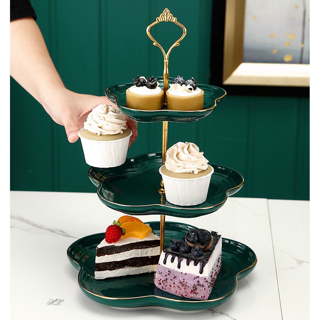 [Giá Sỉ Đồ Decor Xuất Dư] Khay Kệ Đựng Bánh Kẹo Hoa Quả Mứt Tết Bằng Sứ 3 Tầng Cao Cấp Sanh Chảnh Inox Mạ Vàng R06