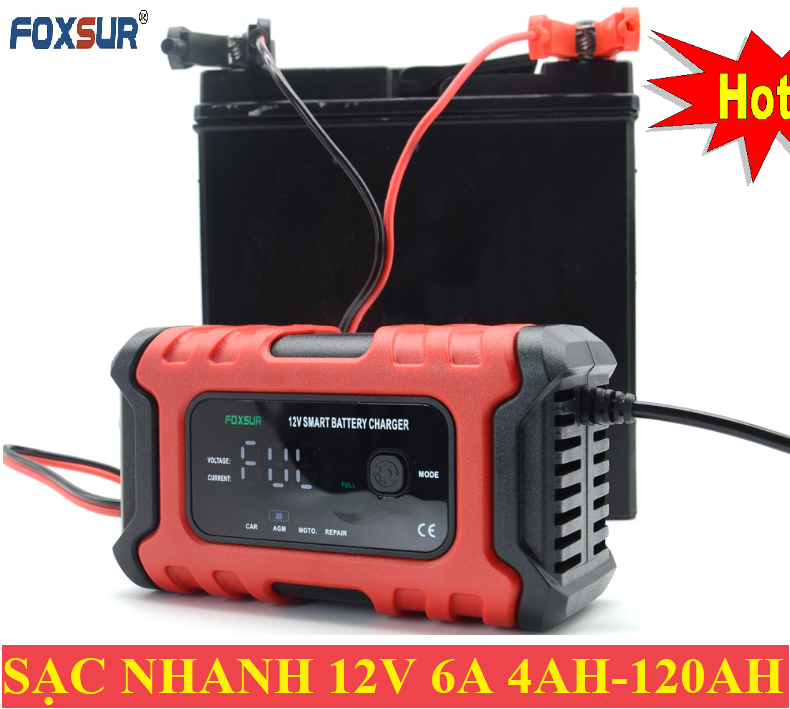 Máy sạc bình ắc quy tự động 12V 6A 4AH-120AH Foxsur sạc ắc quy ô tô sạc ắc quy xe máy tự ngắt khi đầy chống ngược cực có chức năng khử sunfat HÀNG CHÍNH HÃNG sac binh ac quy 12v sac acquy