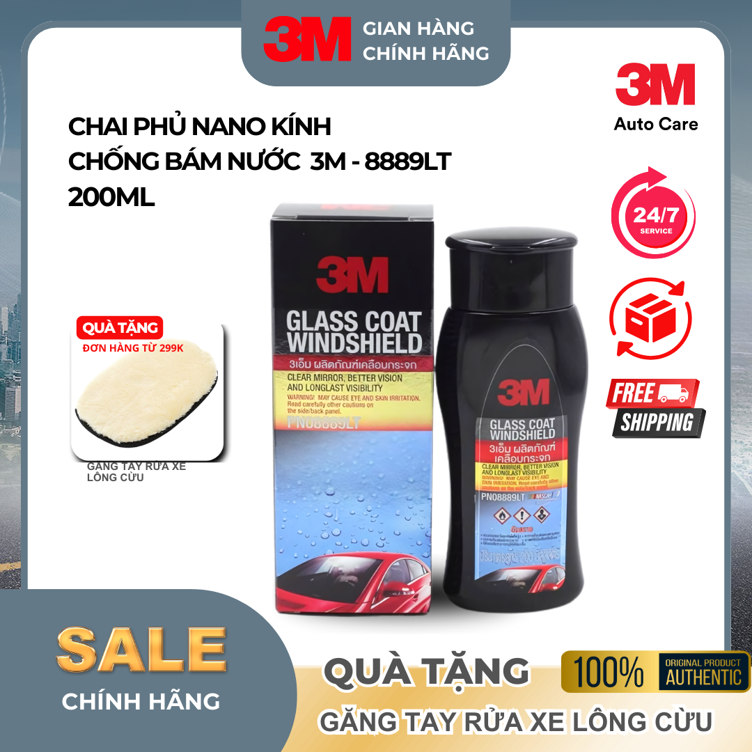 Dung Dịch Chống Bám Nước Kính Xe 3M™ 08889LT 200ml - Hàng Chính Hãng Nhập Khẩu Thái Lan (Tặng Kèm Khăn Lau & Găng Tay)