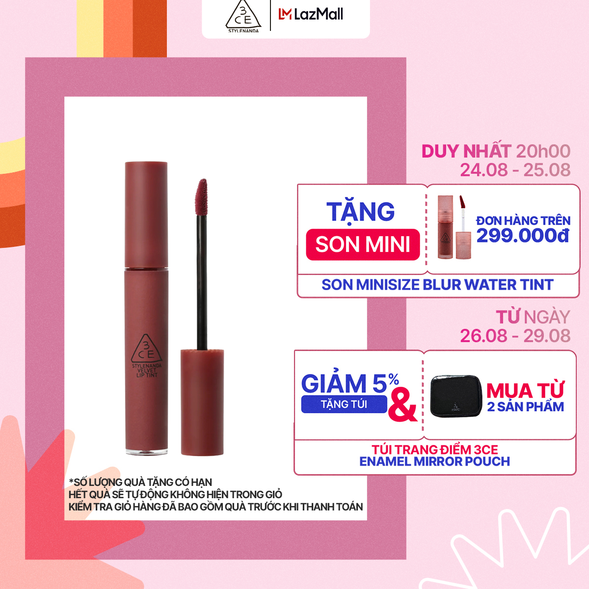 Son kem lì 3ce velvet lip tint mịn màng như nhung 4g
