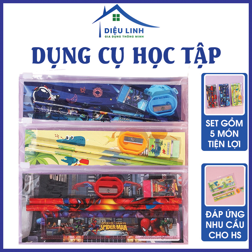Bộ dụng cụ học tập set 5 món gồm 2 bút chì 1 thước 1 gôm tẩy 1 gọt bút chì cho bé dieulinhshop