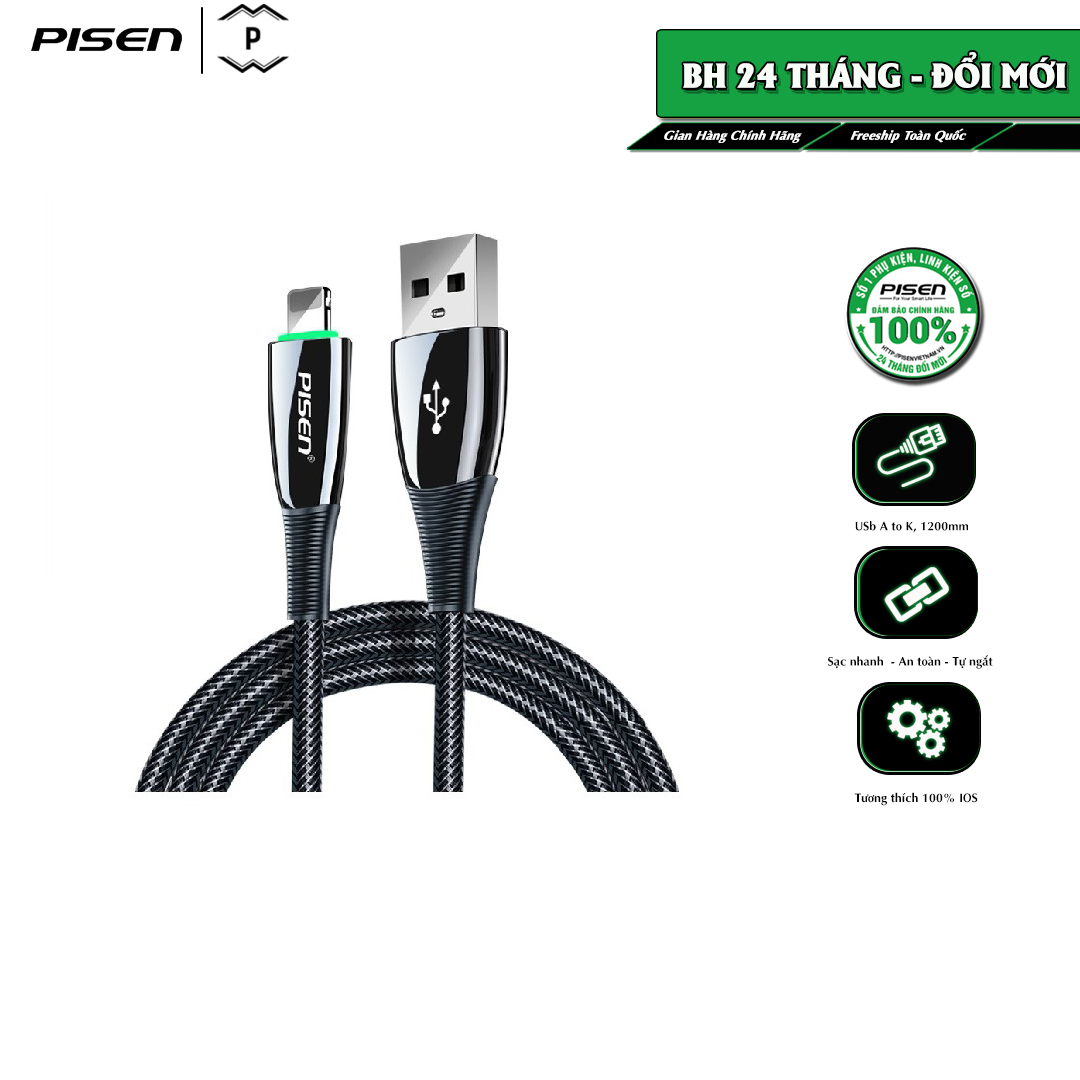 [20H 6/7 - 9.7 Nhập 77LAZSOCIAL80K Voucher giảm 12% đơn từ 250K tối đa 80K]Cáp sạc thông minh tự ngắt Pisen Lightning ZINC intelligent Power-off 1200m - Pro