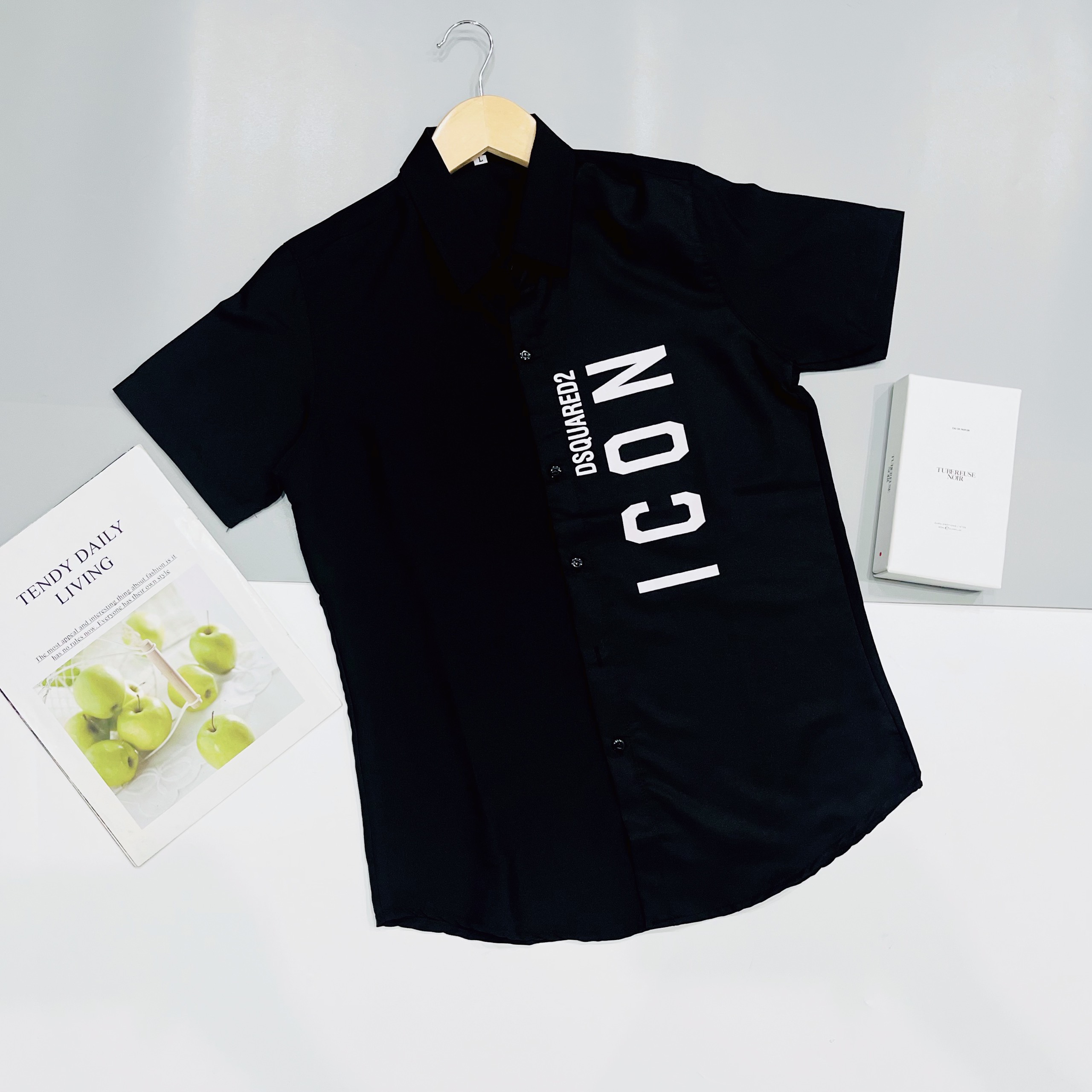 Áo sơ mi nam ngắn tay cổ bẻ in chữ icon vải kate lụa co giãn nhẹ mặc mát