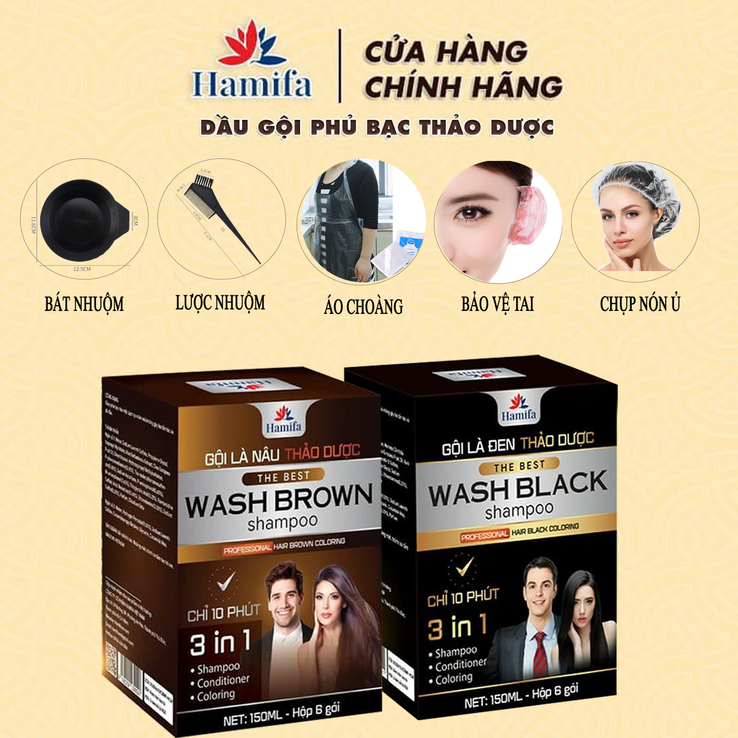 Dầu gội phủ bạc cải tiến Hamifa chính hãng - Gội đen hoặc nâu với 6 tinh chất thảo dược thiên nhiên, giúp tăng cường và bảo vệ tóc
