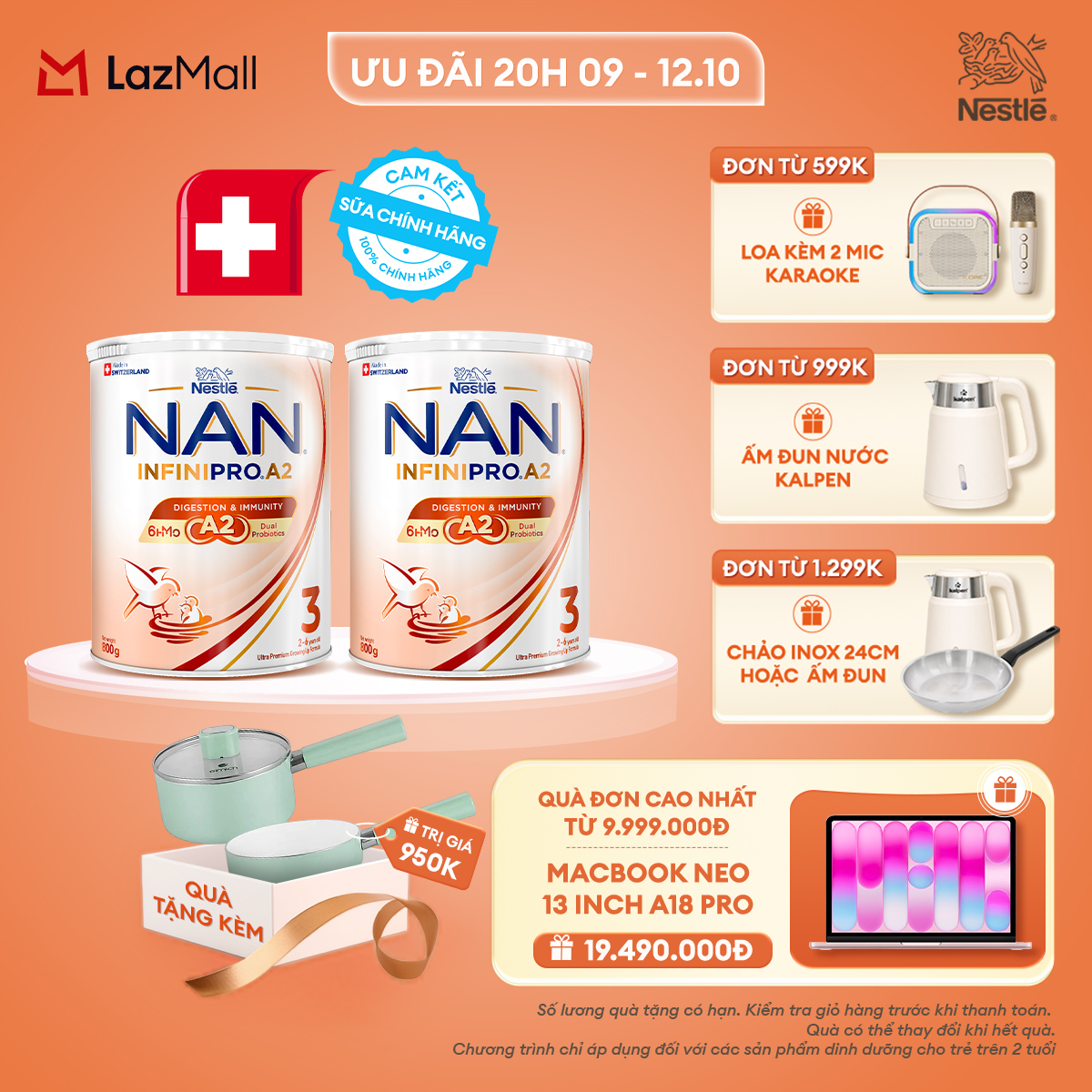 [CHỈ 20h 9-12.10 QT ĐƠN 599K/999K/1299K] [Tặng Nồi chống dính elmich 18cm] Combo 2 lon Sữa bột Nestle NAN INFINIPRO A2 3 800g Cho Bé 2 - 6 Tuổi Có Đạm A2, 6HMO  Lợi Khuẩn Kép hỗ trợ tiêu hóa, đề kháng