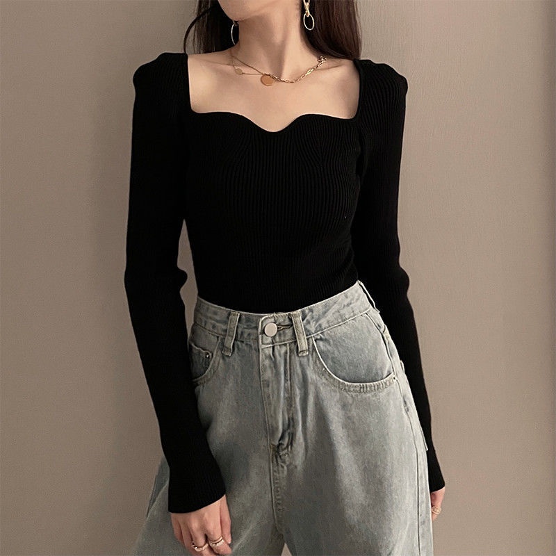 Áo len nữ tay dài dệt kim cổ vuông kiểu Hàn Quốc màu basic dáng ôm F-3