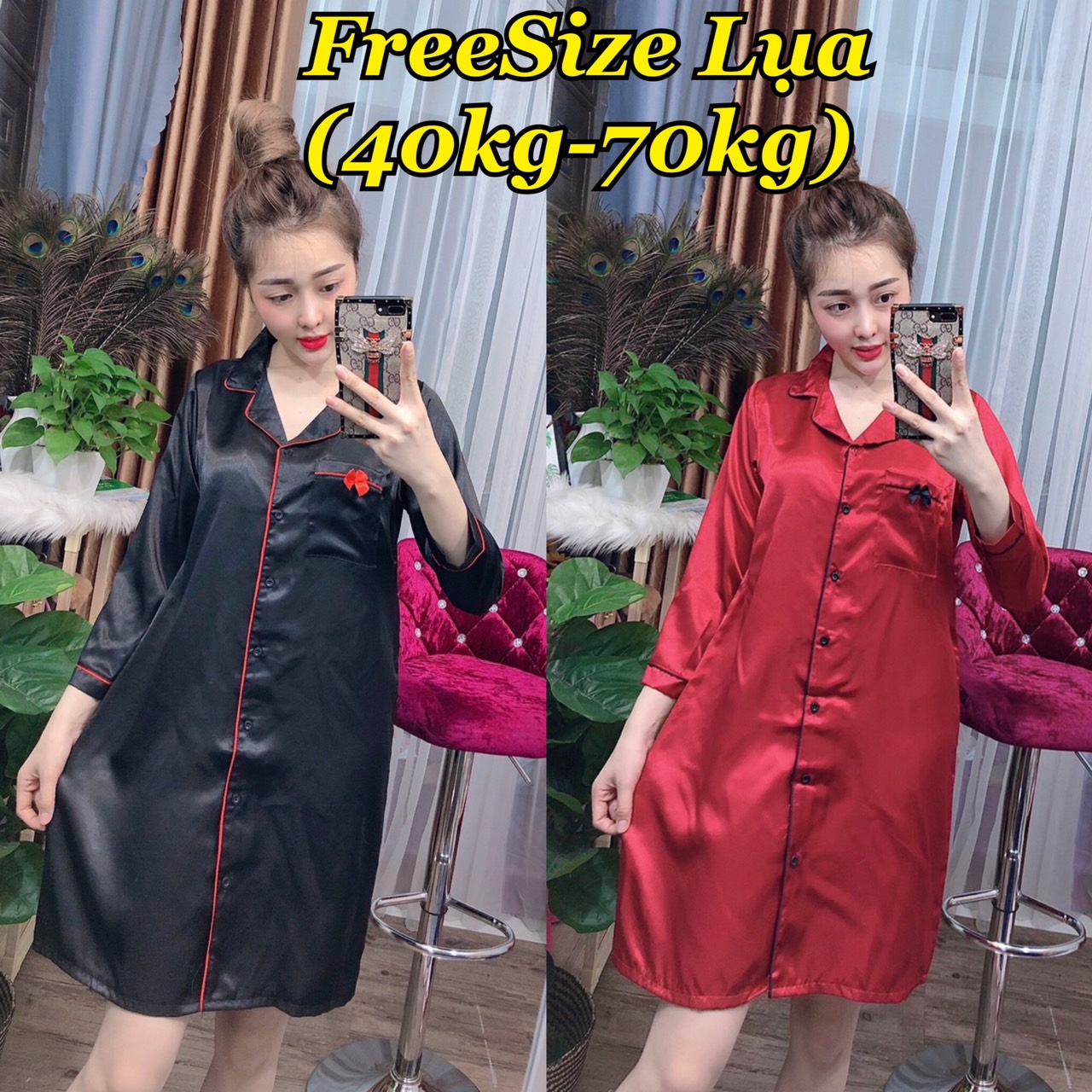 Đầm lụa nơ tay dài freesize 40kg đến 70kg