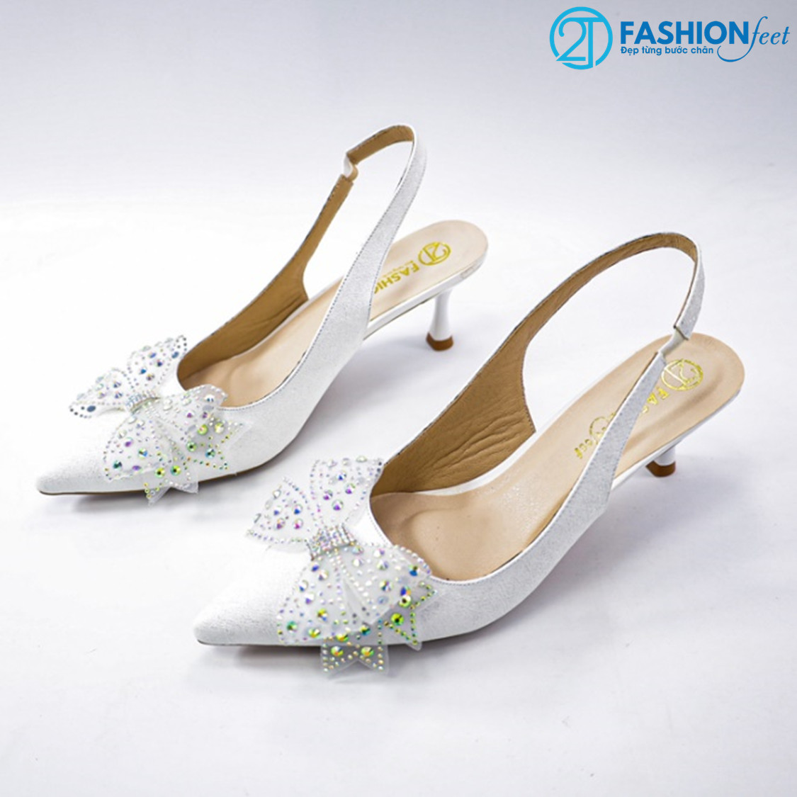 Giày sục cao gót da tổ yến đính nơ chính hãng 2tfashion feet, mũi nhọn , gót 5 phân, mũi nhọn, -hcs0049