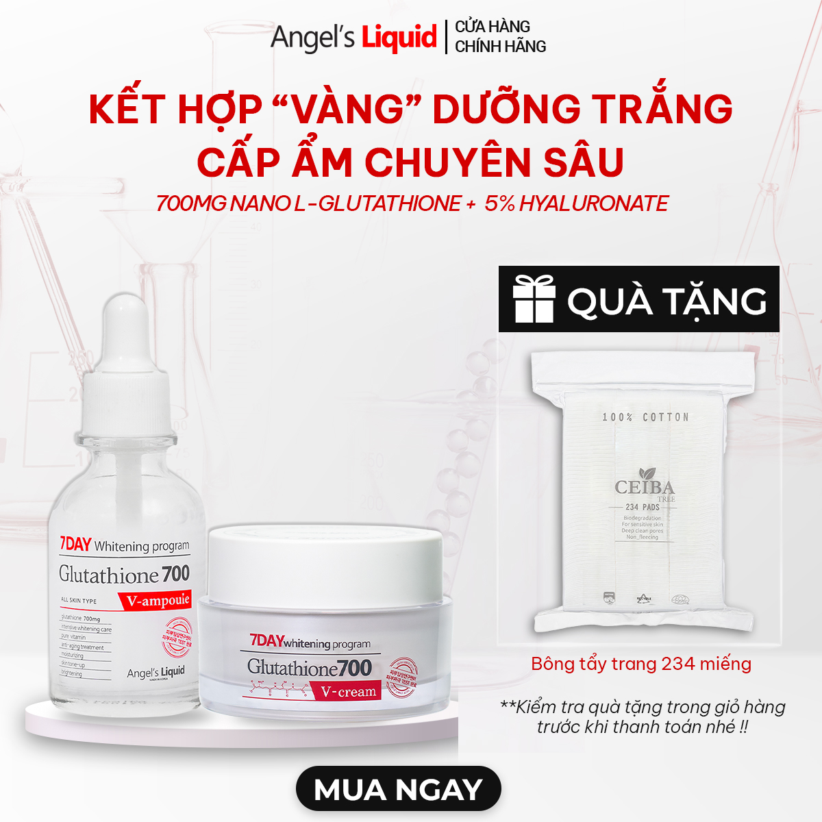 Bộ đôi serum, kem dưỡng trắng da, cấp ẩm đa tầng angel's liquid glutathione 700mg + 5% ha serum & cream