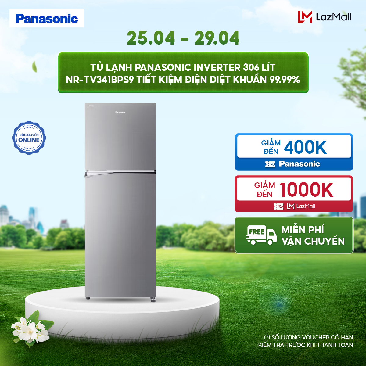 [GIAO SAU 04/05] Tủ lạnh Panasonic Inverter 306L NR-TV341BPS9 Tiết kiệm điện diệt khuẩn
