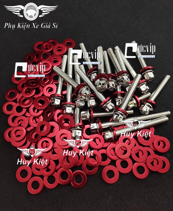 BỘ ỐC LỐC MÁY SALAYA INOX 304 + LÔNG ĐỀN NHÔM ĐỎ CHO WIN, EX, SONIC, RAIDER, SATRIA, SIRIUS, FUTURE, SH, VARIO, AB, VISION, DR, WAVE
