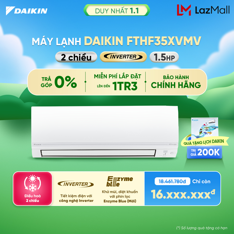   MIỄN PHÍ LẮP ĐẶT 1TR3  - Điều hòa Daikin Inverter 2 chiều FTHF35XVMV - 1.5HP  12000BTU  