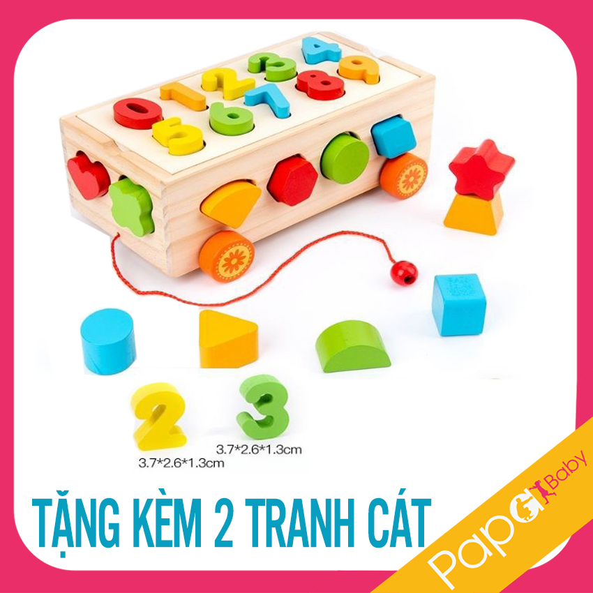 Xe Kéo Thả Hình Bằng Gỗ - Chất liệu gỗ cao cấp, 12 hình khối và các số - xe keo tha hinh bang go, xe kéo thả hình và số, đồ chơi gỗ, đồ chơi ghép hình, đồ chơi xe kéo thả hình - papababy
