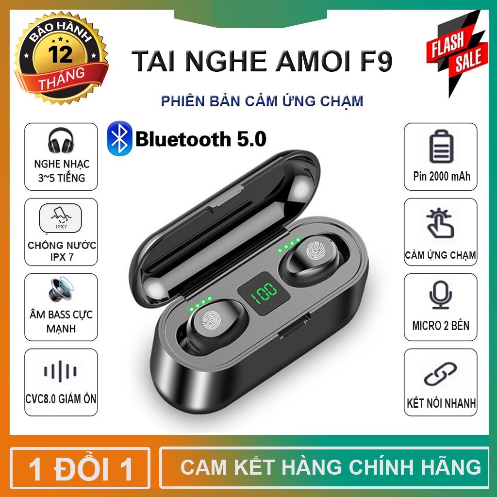 Tai Nghe Không Dây Blutooth AMOI F9 Nút Cảm Ứng , Đàm Thoại 4-5h , Đốc Sạc Có Thể Sạc Pin Cho Điện Thoại