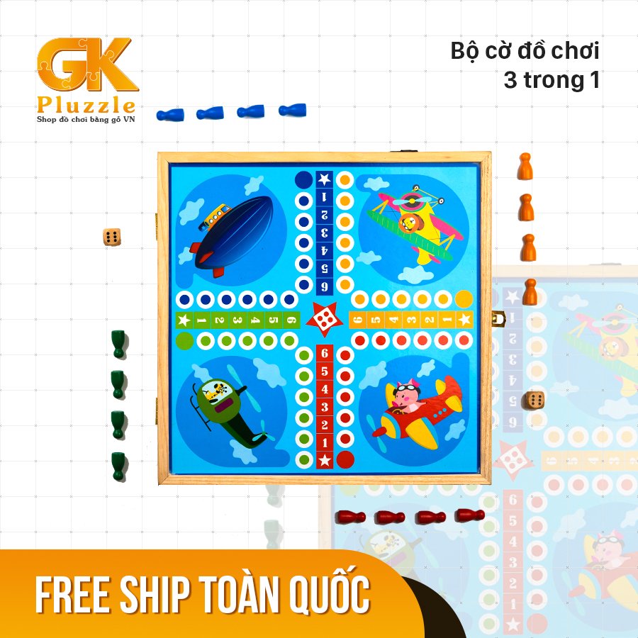 Bộ cờ đa năng 3trong1 / cờ bay, cờ búng, cờ caro chất liệu gỗ cao cấp.