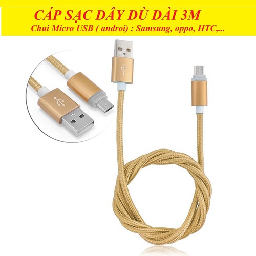 Dây sạc bọc dù chống đứt, cáp sạc nhanh, dây sạc dài 3m dùng cho tất cả các dòng điện thoại Androi: Samsung, oppo xiaomi...