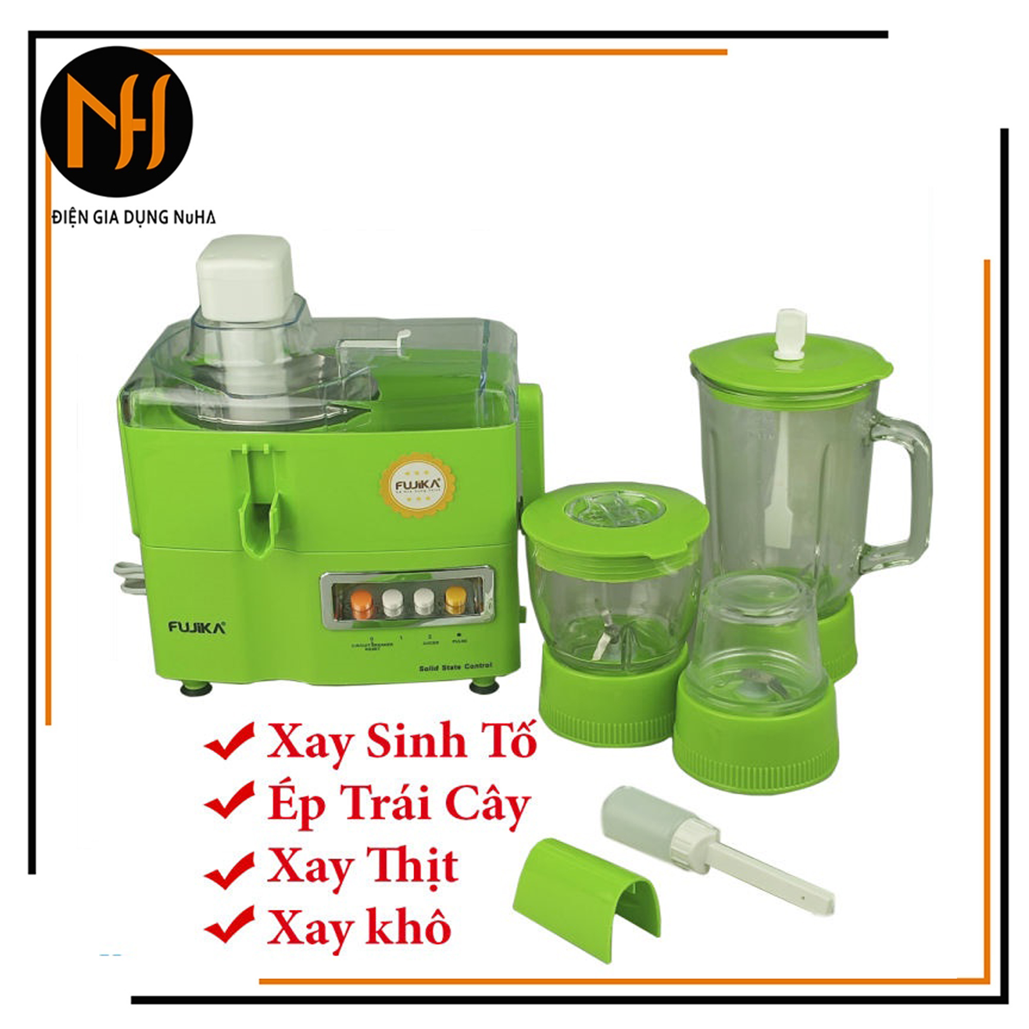 Máy xay ép đa năng 4 in 1 Fujika FJ-176 xay sinh tố xay thịt hạt ép trái cây cối 1L thủy tinh màu ngẫu nhiên
