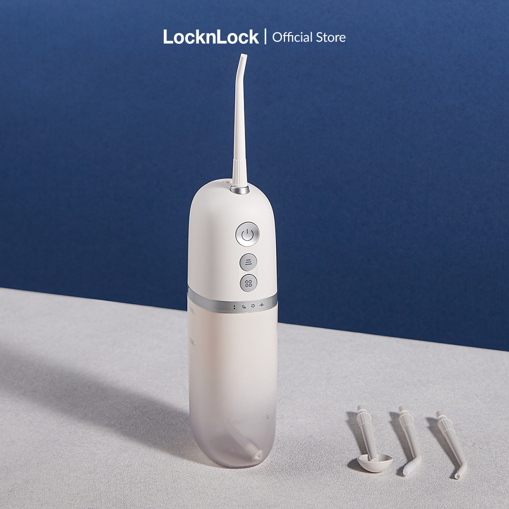 Máy tăm nước Lock&Lock Portable Oral Irrigator 190ml Màu trắng ENR146WHT Kèm 4 đầu tăm nước 4 chế độ có ngăn chứa đầu tăm