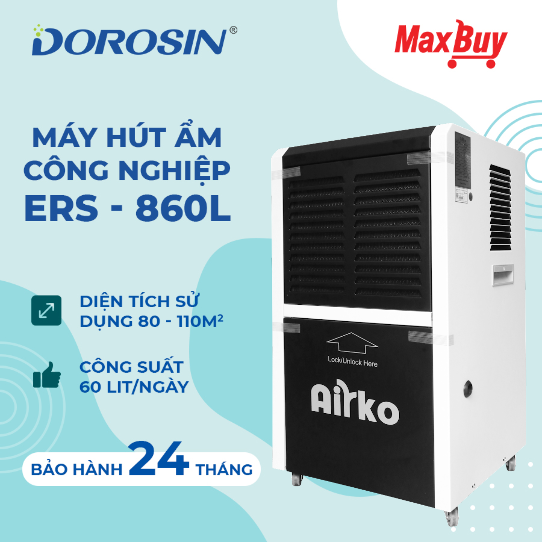 Máy Hút Ẩm Công Nghiệp Dorosin Công Suất Hút Ẩm 60Lít/Ngày Diện tích sử dụng 80-110m2 Bảo Hành 24 Tháng ERS-860L