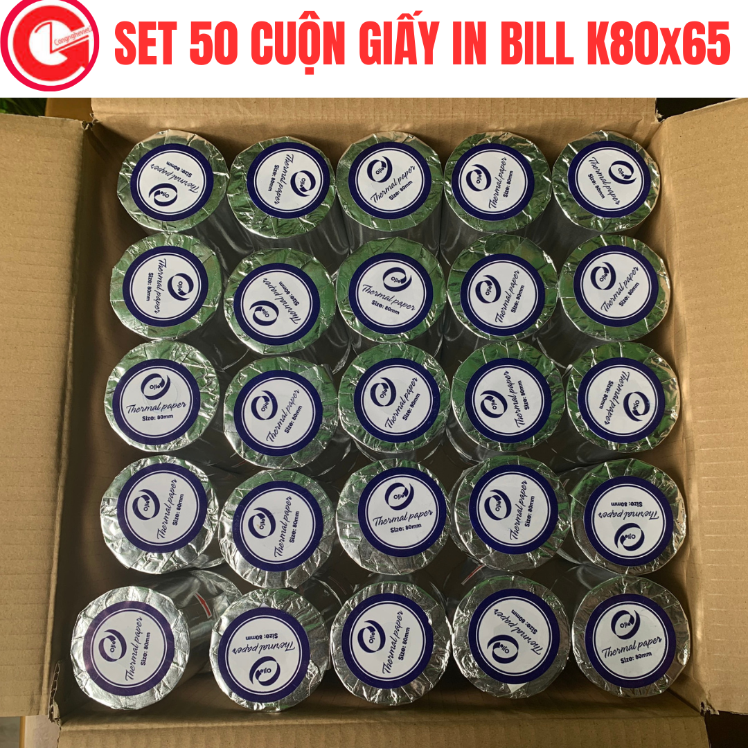 Giấy in nhiệt, in hóa đơn, in bill,in đơn hàng,in phiếu thanh toán cho máy in nhiệt k80x65 k80 phi 65 set 50 cuộn