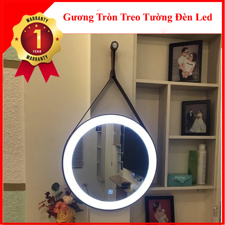Gương Tròn Treo Tường Dây Da Có Đèn LED TC62