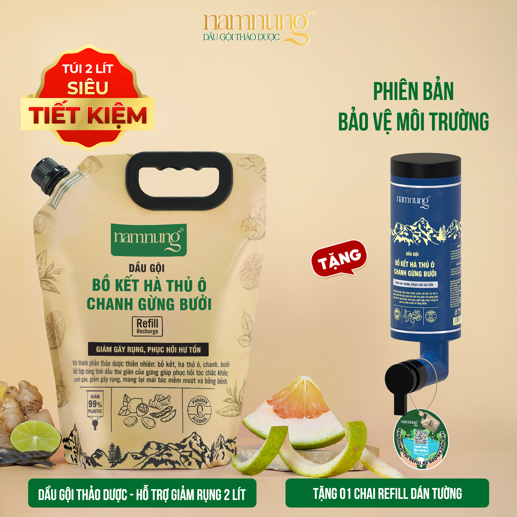 [Mới] [Siêu tiết kiệm] Dầu Gội hỗ trợ giảm rụng, dầu gội thảo dượᴄ NamNung dạng túi refill 2000ml (bản nắp vặn - bigsize) chiết xuất thiên nhiên Bồ kết hà thủ ô Chăm sóc tóc Dưỡng tóc nữ